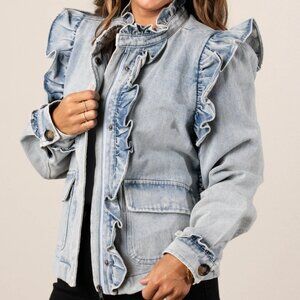 FATE Sophia Ruffle Detail Washed Denim Jacket
